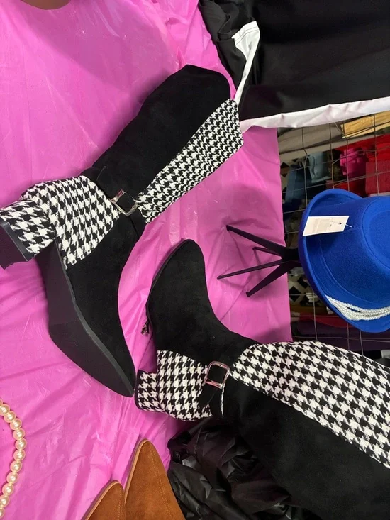 Black Suede & Houndstooth Knee-High Boots - Picture 2 of 4